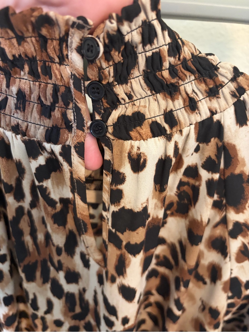 Chico's Leopard Print Smocked Mock Neck Blouse - Brown/Tan/Black - Picture 4 of 4